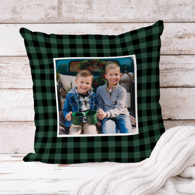 Custom Green and Black Buffalo Plaid Holiday Photo Cushion (Creator Uploaded)