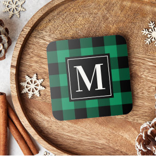 Custom Green and Black Buffalo Plaid Monogram Coaster