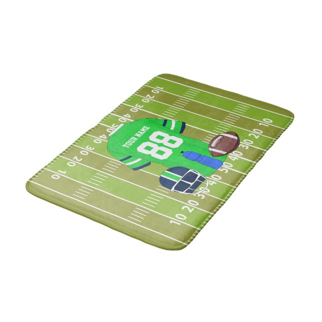 Custom green and blue Football Jersey on Field Bath Mat (Angled)