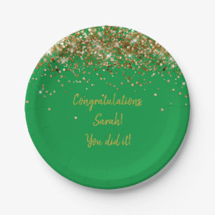 Custom Green and Gold Graduation Party Glitter Paper Plate
