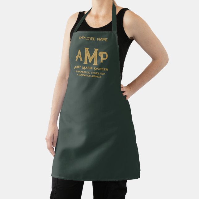 Custom Green and Gold Monogram Business Apron (Insitu)