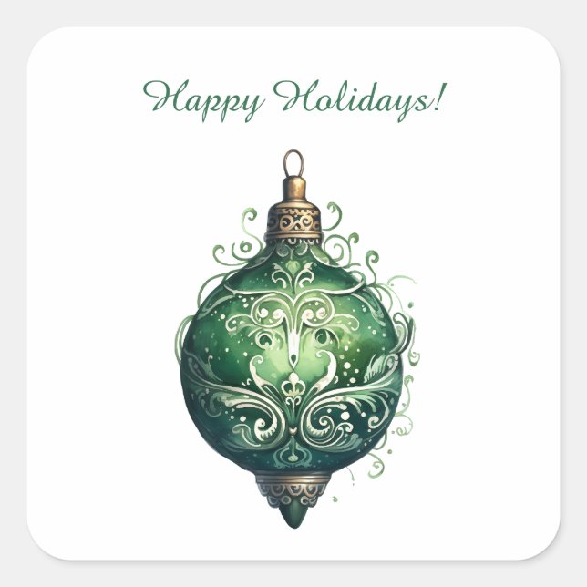 Custom Green and White Christmas Ornament Holiday Square Sticker (Front)