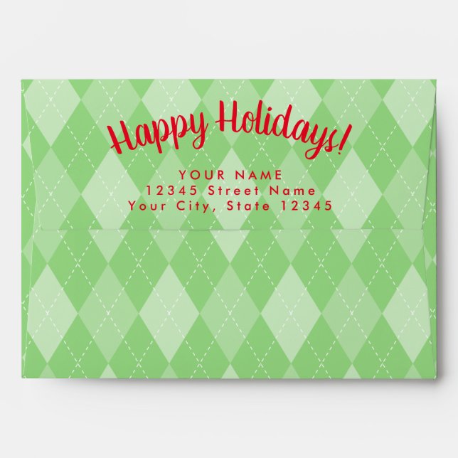 Custom green argyle pattern Christmas envelopes (Back (Top Flap))