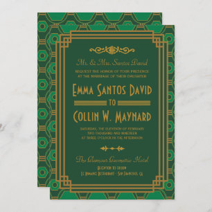 Custom Green Art Deco Wedding Invites
