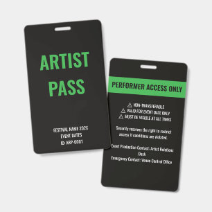 Custom Green Artist Performer Access Concert ID Badge
