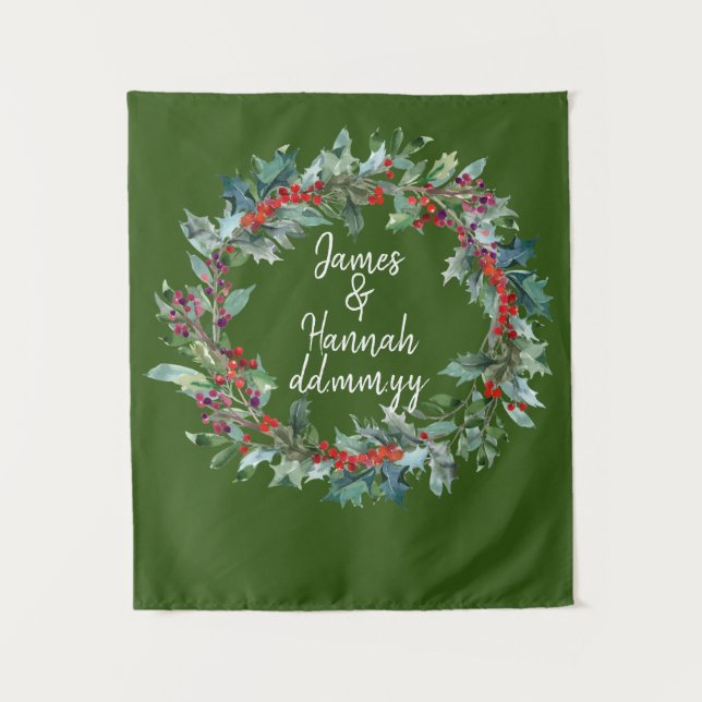 Custom Green Backdrop Winter Wedding Photo Booth Tapestry (Front)