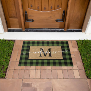 Custom Green Black Buffalo Check Tartan Pattern Doormat