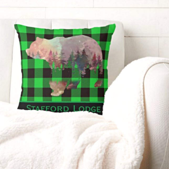 Custom Green Buffalo Plaid Bear Wilderness Cushion (Creator Uploaded)