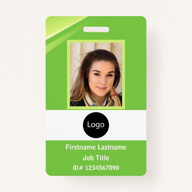 custom green company employee Photo, Logo, Code ID Badge (Front)
