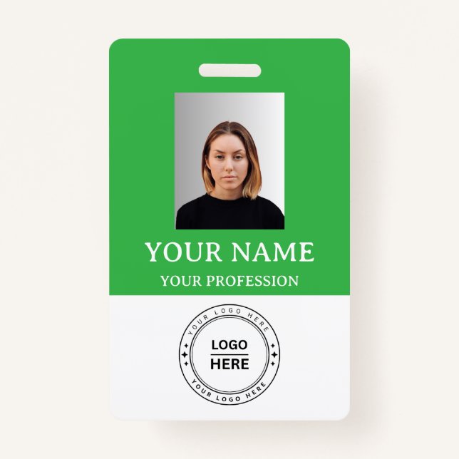Custom Green Employee Badge with Photo, Logo, QR ID Badge (Front)