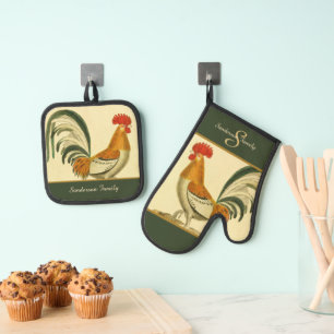 Custom Green Farmhouse Vintage Rooster monogram Oven Mitt & Pot Holder Set