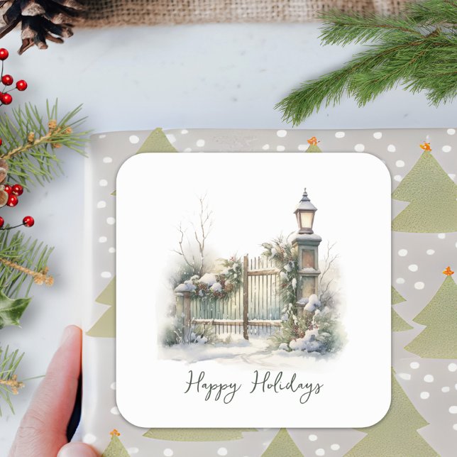 Custom Green Foliage Berries Snow Winter Christmas Square Sticker (Creator Uploaded)