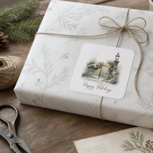 Custom Green Foliage Berries Snow Winter Christmas Square Sticker