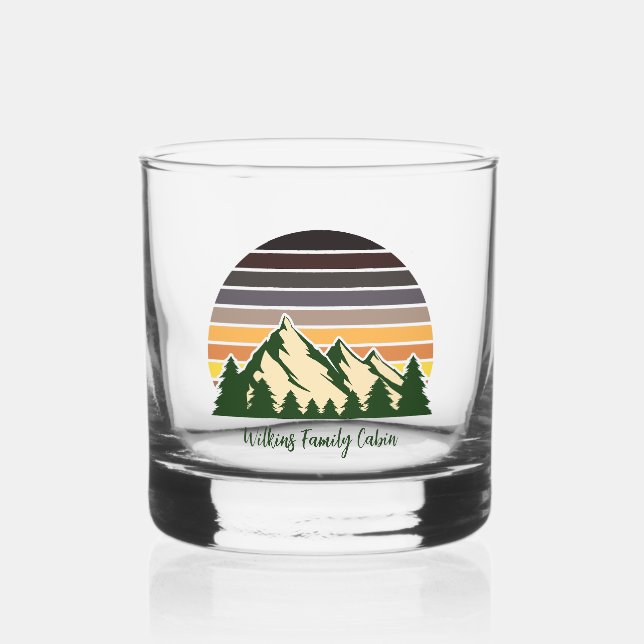Custom Green Forest Mountain Cabin Whiskey Glass (Front)