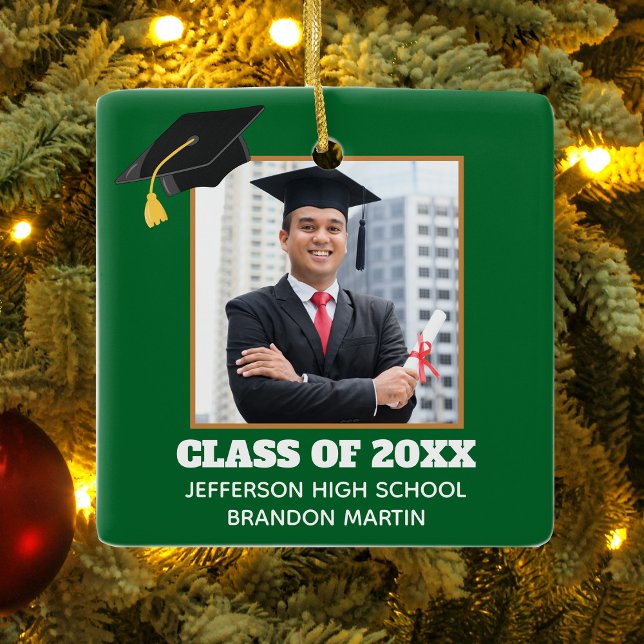 Custom Green Graduation Senior Portrait Photo 2025 Ceramic Ornament (Creator Uploaded)