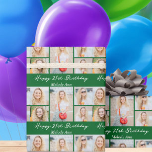 Custom Green Happy Birthday Photo Collage Wrapping Paper