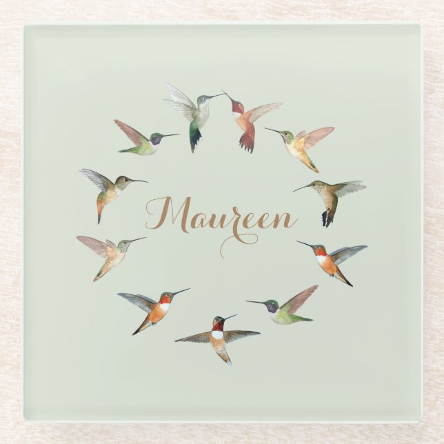 Custom Green Hummingbird Glass Coaster (Front)