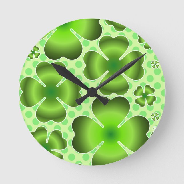 Custom Green Lucky Clover Pattern Gift Round Clock (Front)