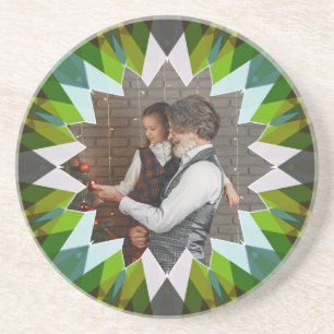 Custom Green Modern Christmas Star Family Photo Coaster