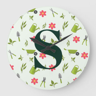 Custom Green Monogram Gardening Large Clock