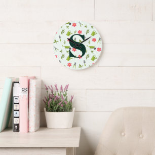 Custom Green Monogram Gardening Large Clock