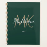 Custom Green Monogram Initial Name Minimalist Planner<br><div class="desc">Personalise and add your name,  monogram initials,  and year. (any year) golden and white letters. The name is written with a hand lettered style script.</div>