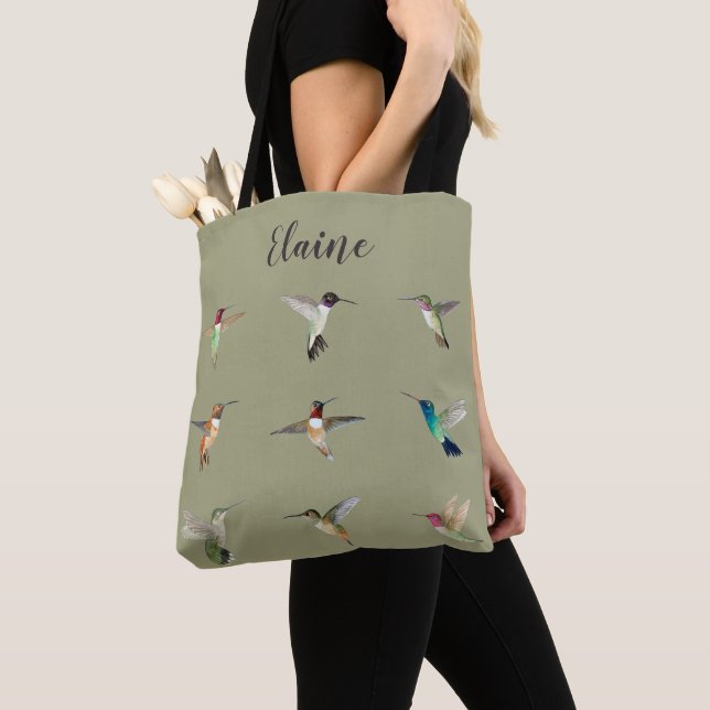 Custom Green North American Hummingbirds Tote Bag (Close Up)