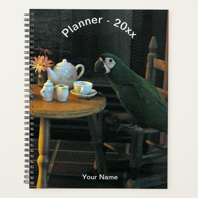 Custom Green Parrot Tea Set & Table Photo Planner (Front)