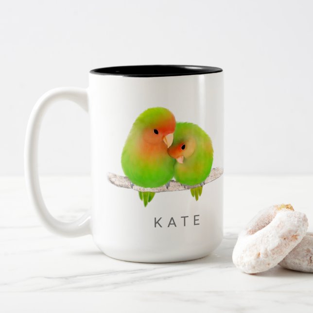 Custom Green Parrots Lovebirds Bird Mug (With Donut)