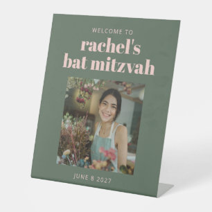 Custom Green Pink Photo Bat Mitzvah Welcome Pedestal Sign
