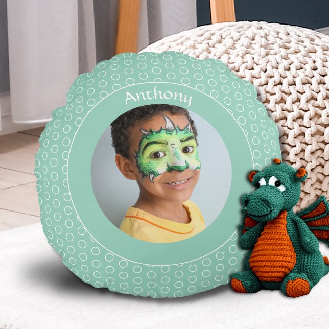 Custom Green Polka Dot Photo Frame  Round Cushion (Creator Uploaded)