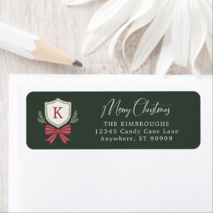 Custom Green Red Monogram Crest Bow Christmas Return Address Label
