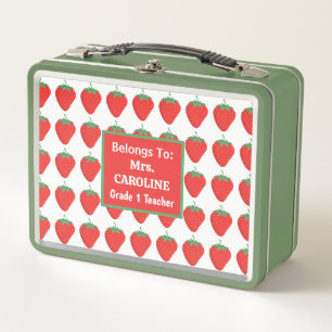 Custom Green & Red Strawberry Pattern Teacher's Metal Lunch Box