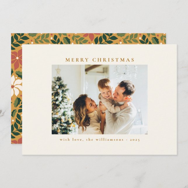 Custom Green Red Yellow Floral Photo Christmas Holiday Card (Front/Back)