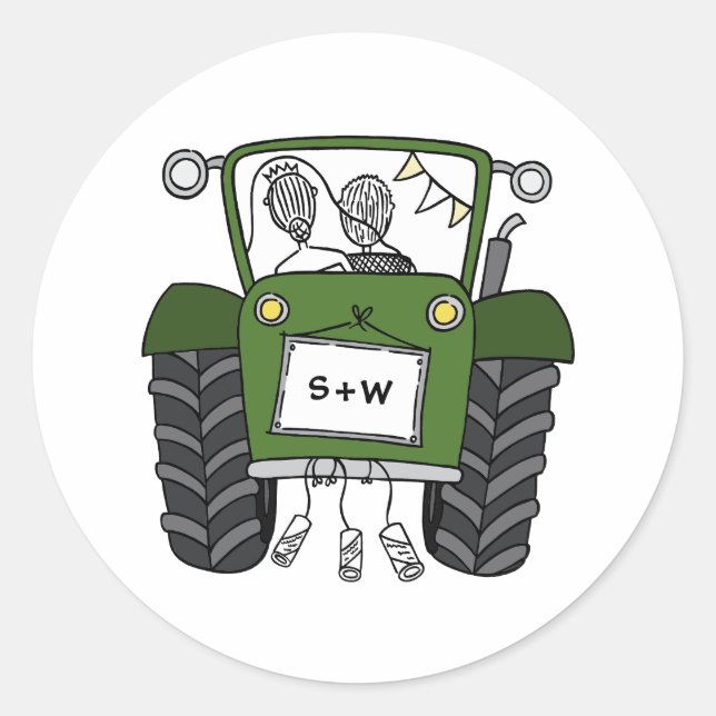 Custom Green Tractor Country Barn Rustic Wedding Classic Round Sticker (Front)