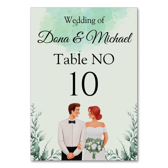 Custom green watercolor flowy wedding table number (Front)