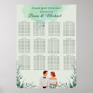 Custom green watercolor wedding seating chart