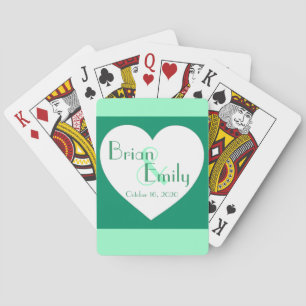 Custom green white heart wedding playing cards