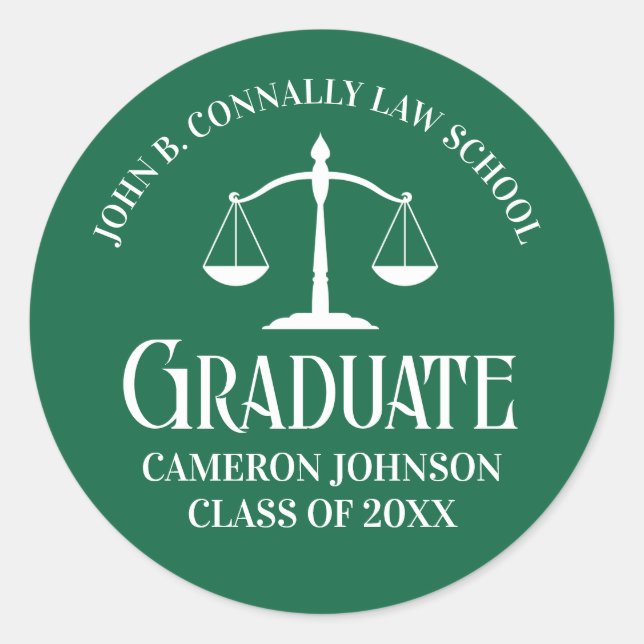 Custom Green White Law School Graduation Party Classic Round Sticker (Front)