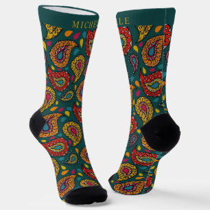 Custom Green Yellow Red Paisley Pattern Socks