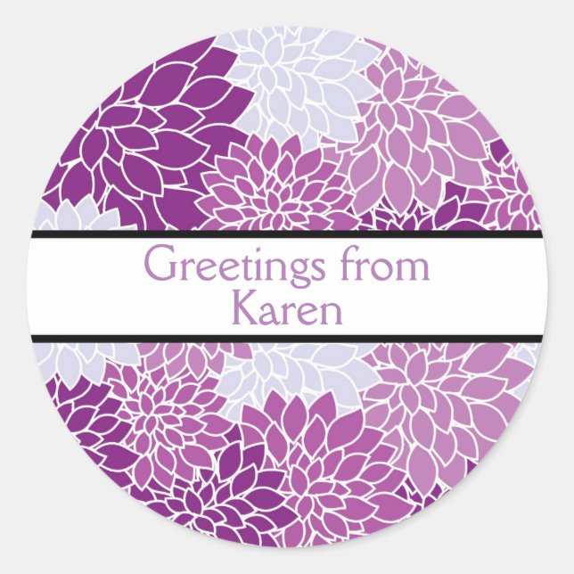 Custom "Greetings From" | Shades of Purple Floral Classic Round Sticker (Front)
