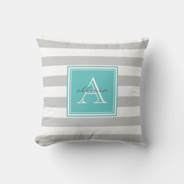 CUSTOM Grey Aqua Monogrammed Awning Stripe Cushion (Front)