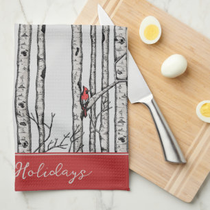 Custom Grey Birch Trees and Red Cardinal Birds Tea Towel