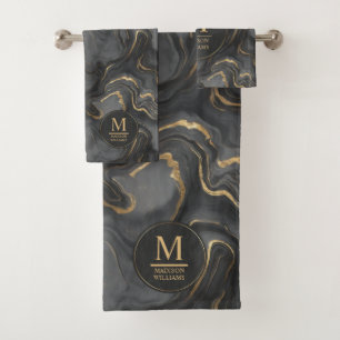 Custom Grey Black and Gold Glitter Marble Pattern Bath Towel Set