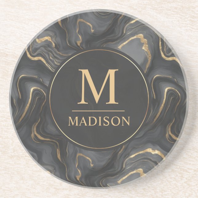 Custom Grey Black and Gold Glitter Marble Pattern  Coaster (Front)