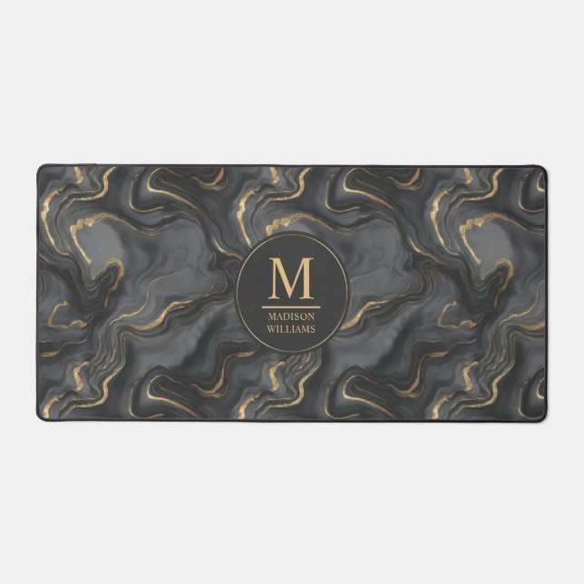 Custom Grey Black and Gold Glitter Marble Pattern  Desk Mat (Front)