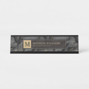 Custom Grey Black and Gold Glitter Marble Pattern Desk Name Plate