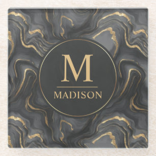 Custom Grey Black and Gold Glitter Marble Pattern Glass Coaster