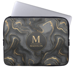 Custom Grey Black and Gold Glitter Marble Pattern Laptop Sleeve