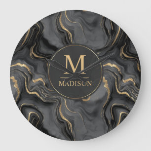Custom Grey Black and Gold Glitter Marble Pattern Large Clock